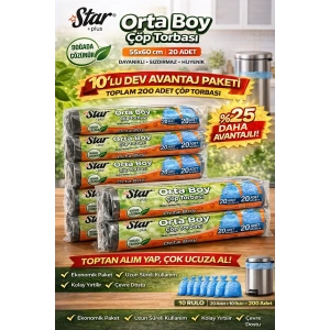 USLUCAN ALIŞVERİŞ Star Plus Orta Boy Çöp Torbası 20li 10 Paket 55x60 cm Dayanıklı Sızdırmaz Orta Boy Çöp Poşeti
