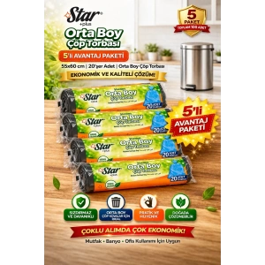 USLUCAN ALIŞVERİŞ Star Plus Orta Boy Çöp Torbası 20li 5 Paket 55x60 cm Dayanıklı Sızdırmaz Orta Boy Çöp Poşeti