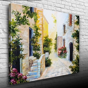 USLUCAN ALIŞVERİŞ Taş Evler Ve Çiçekli Yol Yağlıboya Kanvas Tablo 50 x 70