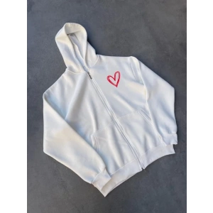 USLUCAN ALIŞVERİŞ Üç İplik Baskılı Fermuarlı Kapşonlu Hırka - Beyaz