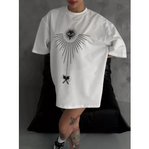 USLUCAN ALIŞVERİŞ Unisex Bisiklet Yaka Baskılı Oversize T-Shirt - Beyaz