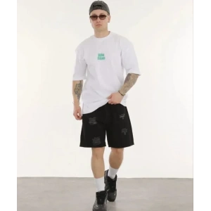 USLUCAN ALIŞVERİŞ Unisex Bisiklet Yaka Baskılı Oversize T-Shirt - Beyaz