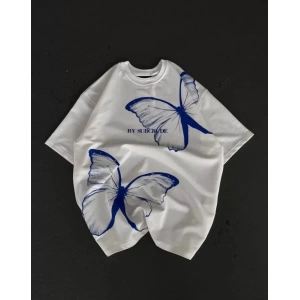 USLUCAN ALIŞVERİŞ Unisex Bisiklet Yaka Baskılı Oversize T-Shirt - Beyaz