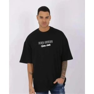USLUCAN ALIŞVERİŞ Unisex Bisiklet Yaka Baskılı Oversize T-Shirt - Siyah