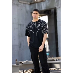 USLUCAN ALIŞVERİŞ Unisex Bisiklet Yaka Baskılı Oversize T-Shirt - Siyah