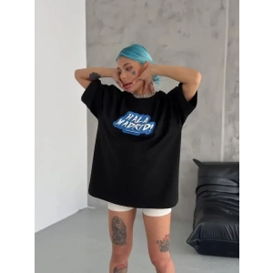 USLUCAN ALIŞVERİŞ Unisex Bisiklet Yaka Baskılı Oversize T-Shirt - Siyah