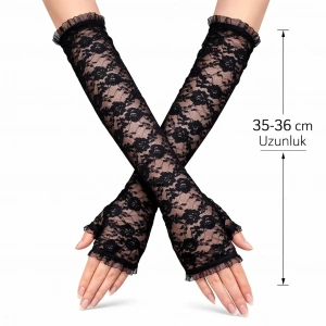 USLUCAN ALIŞVERİŞ Uzun Zarif Dantel Eldiven Parmaksız Siyah