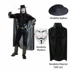 USLUCAN ALIŞVERİŞ Vendetta Kostüm Seti – Şapka Maske Pelerin (120 cm)