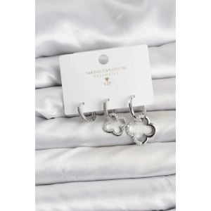 USLUCAN ALIŞVERİŞ Yonca Model Gümüş Renk Pirinç 3lü Kadın Küpe Seti