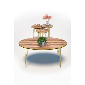 USLUCAN ALIŞVERİŞ Zigon Sehpa Ve Orta Sehpa Elips Set Çift Gold Ceviz Tel