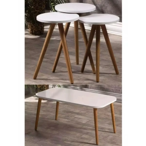 USLUCAN ALIŞVERİŞ Zigon Sehpa Ve Orta Sehpa Set Ahşap Kr Torna Beyaz
