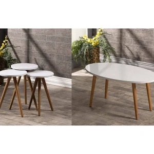 USLUCAN ALIŞVERİŞ Zigon Sehpa Ve Orta Sehpa Set Ahşap Torna Elips Beyaz