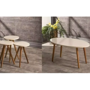 USLUCAN ALIŞVERİŞ Zigon Sehpa Ve Orta Sehpa Set Ahşap Torna Elips Krem