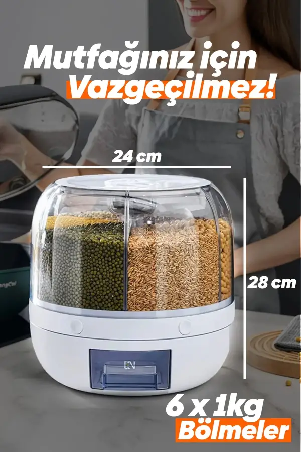 360° Dönebilen Kuru Gıda Ve Bakliyat Organizeri 6 Bölmeli Hava Geçirmez Saklama Kabı 6 Lt