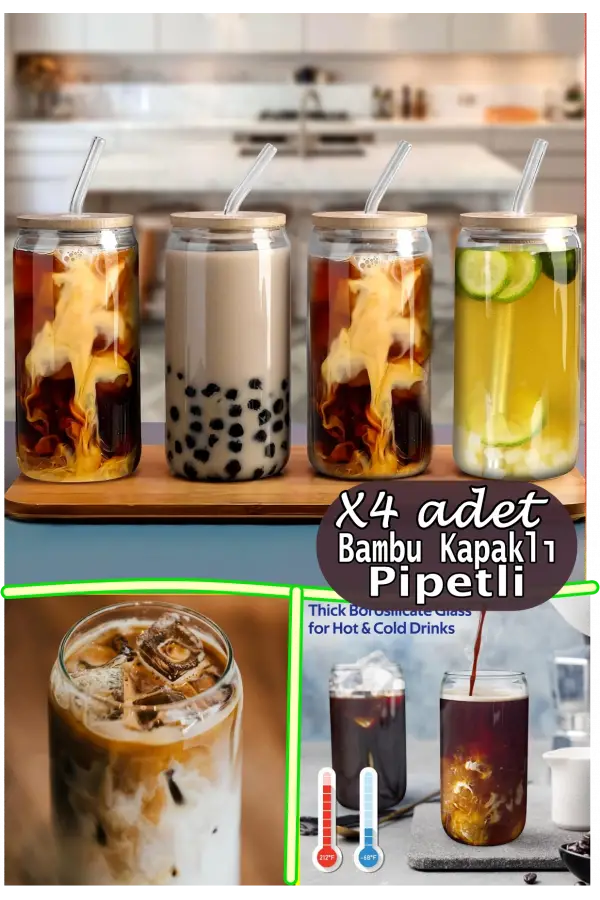 4lü Bambu Kapaklı Pipetli Cool Lime Bardak Seti Borosilikat Cam Pinterest Sunum Bardak Hediyelik