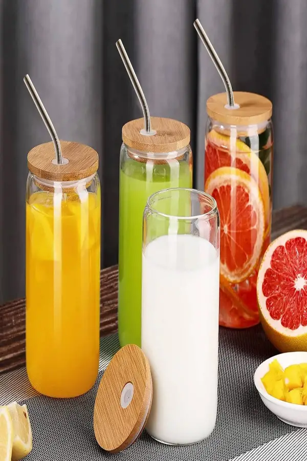 6lı Bambu Kapaklı Pipetli Cam Bardak Isıya Dayanıklı Borosilikat Kola