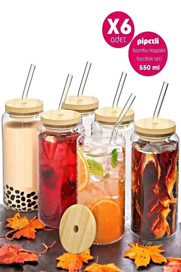 6lı Bambu Kapaklı Pipetli Cam Bardak Isıya Dayanıklı Borosilikat Kola
