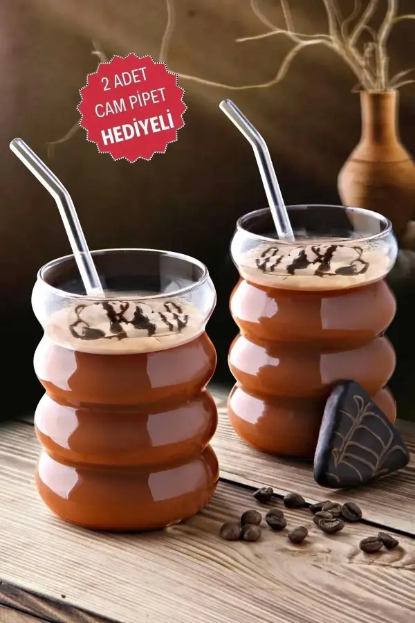 2li Pipetli Şeritli Cam Bardak Dalgalı Kahve Sunum Meşrubat Bardağı Dekoratif 300 ml Bardak Seti