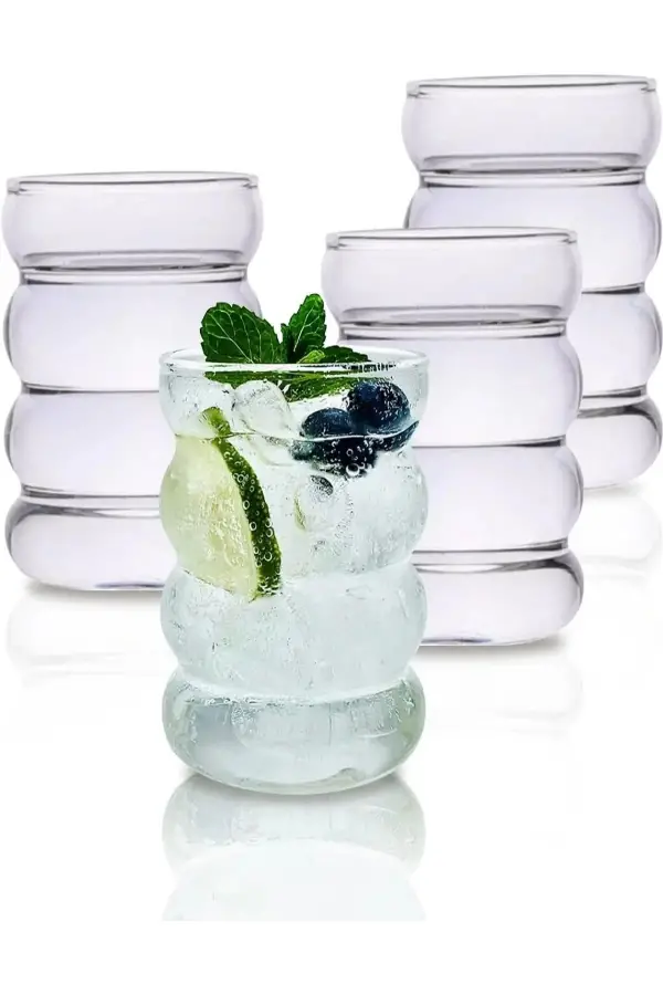 2li Pipetli Şeritli Cam Bardak Dalgalı Kahve Sunum Meşrubat Bardağı Dekoratif 300 ml Bardak Seti