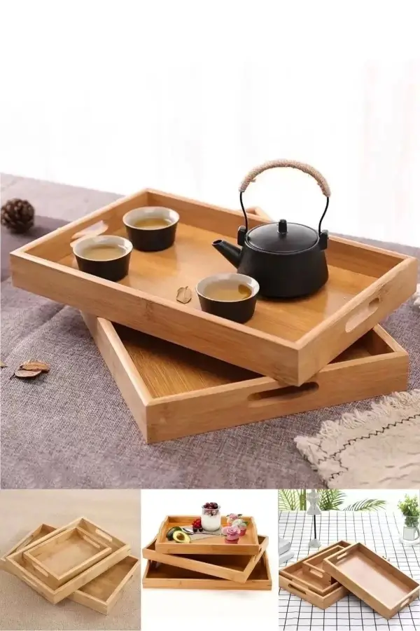 3lü Lüx Bambu Tepsi Seti Çay Tepsisi, Sunum Tepsisi, Kahve Sunum Tepsisi Kare Köşe Yemek Tepsi