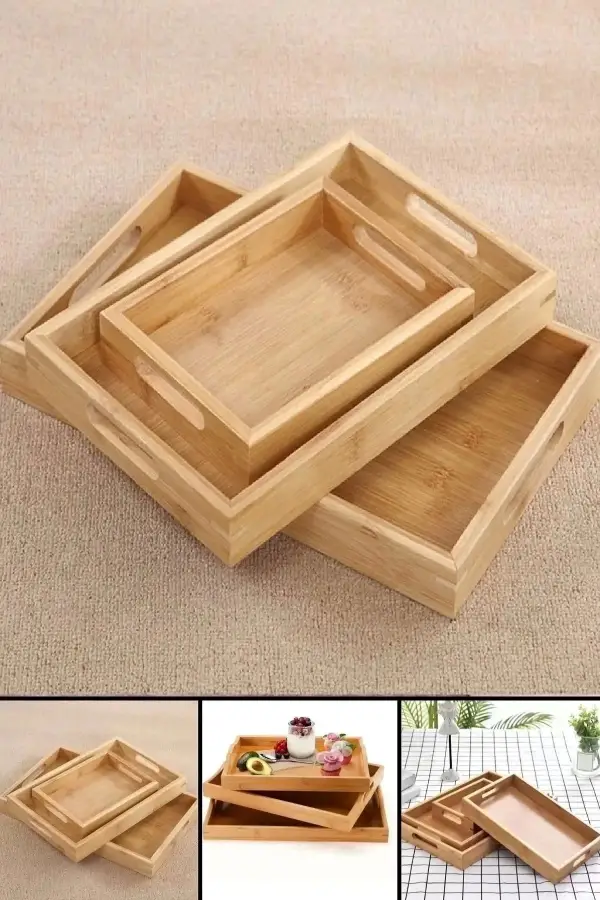 3lü Lüx Bambu Tepsi Seti Çay Tepsisi, Sunum Tepsisi, Kahve Sunum Tepsisi Kare Köşe Yemek Tepsi