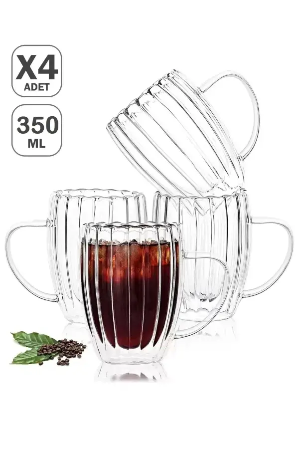 4lü Çift Cidarlı 350 ml Kulplu Isıya Dayanıklı Cam Bardak Burgulu Çay Süt Kahve Kupası Bardağı Set