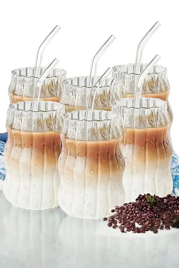 6lı Pipetli Sukabağı Şekli Latte Bardak Seti Iskandinav Tarz Cam Bardak