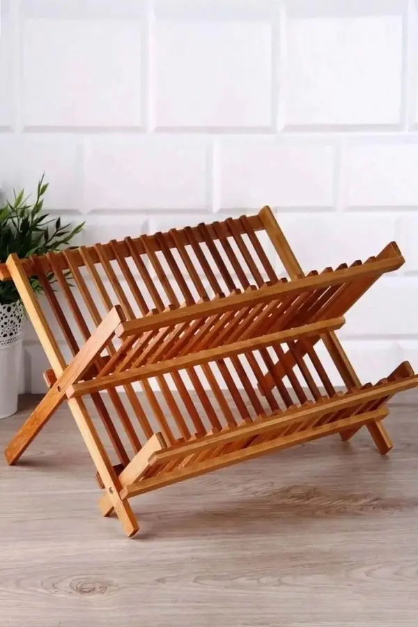 %100 Bambu Katlanabilir Tabaklık Bulaşıklık Büyük Boy Ergonomik Tasarım