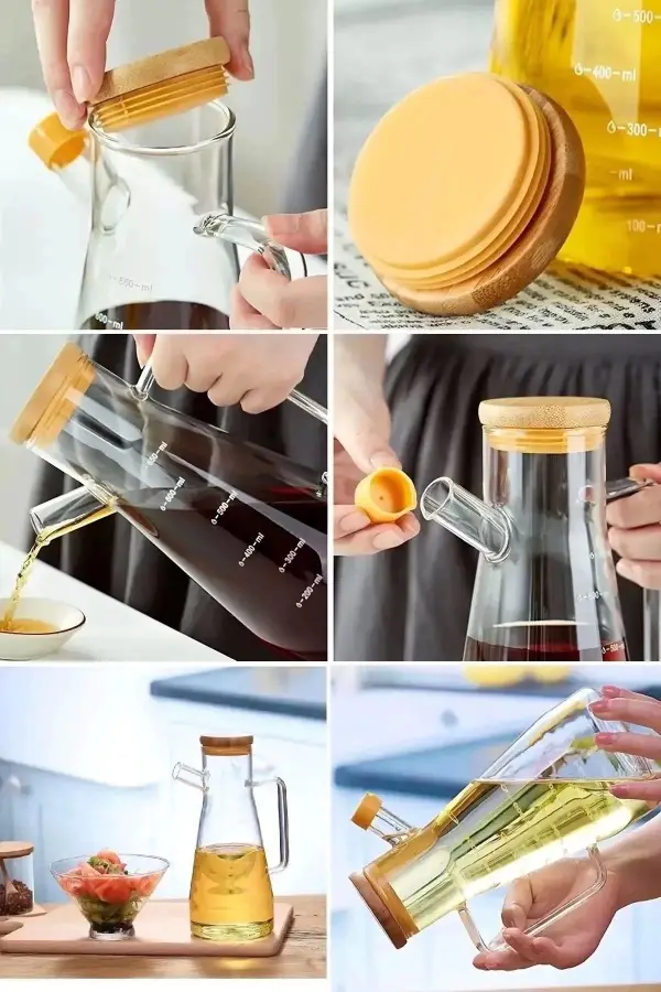 2li Bambu Kapaklı Cam Yağdanlık Vakumlu Borosilikat Cam Sirkelik Zeytinyağı