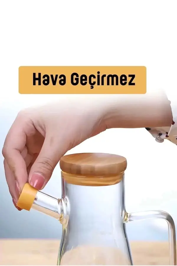 2li Bambu Kapaklı Cam Yağdanlık Vakumlu Borosilikat Cam Sirkelik Zeytinyağı
