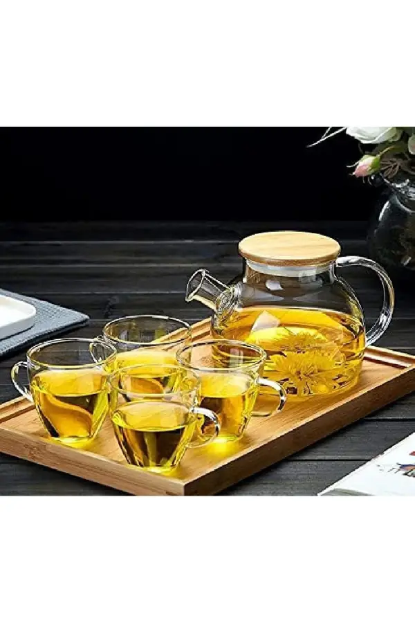 %100 Bambu Kapaklı Borosilikat Süzgeçli Çaycı Yüksek Isıya Dayanıklı Zarif Çaycı Demliği