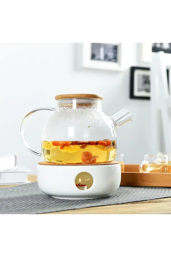 %100 Bambu Kapaklı Borosilikat Süzgeçli Çaycı Yüksek Isıya Dayanıklı Zarif Çaycı Demliği