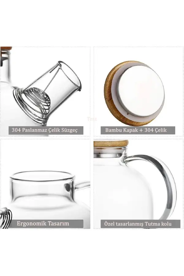 %100 Bambu Kapaklı Borosilikat Süzgeçli Çaycı Yüksek Isıya Dayanıklı Zarif Çaycı Demliği