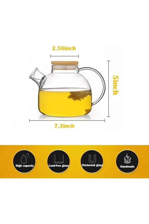 %100 Bambu Kapaklı Borosilikat Süzgeçli Çaycı Yüksek Isıya Dayanıklı Zarif Çaycı Demliği