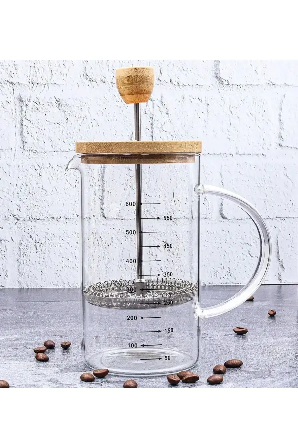 600ml Borosilikat Bambu French Press 4 Katmanlı 304 Paslanmaz Çelik Bitki Çayları Filtre Kahve Ölçü