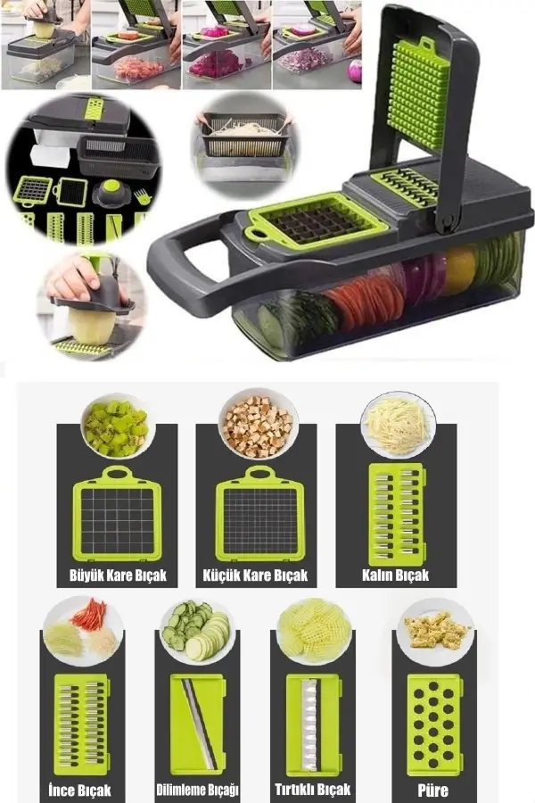 13 Parçalı Sebze Dilimleyici, Kesici Ve Soğan Doğrayıcı Seti Çok Fonksiyonlu Hazneli El Rendesi