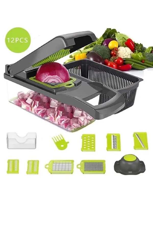 13 Parçalı Sebze Dilimleyici, Kesici Ve Soğan Doğrayıcı Seti Çok Fonksiyonlu Hazneli El Rendesi