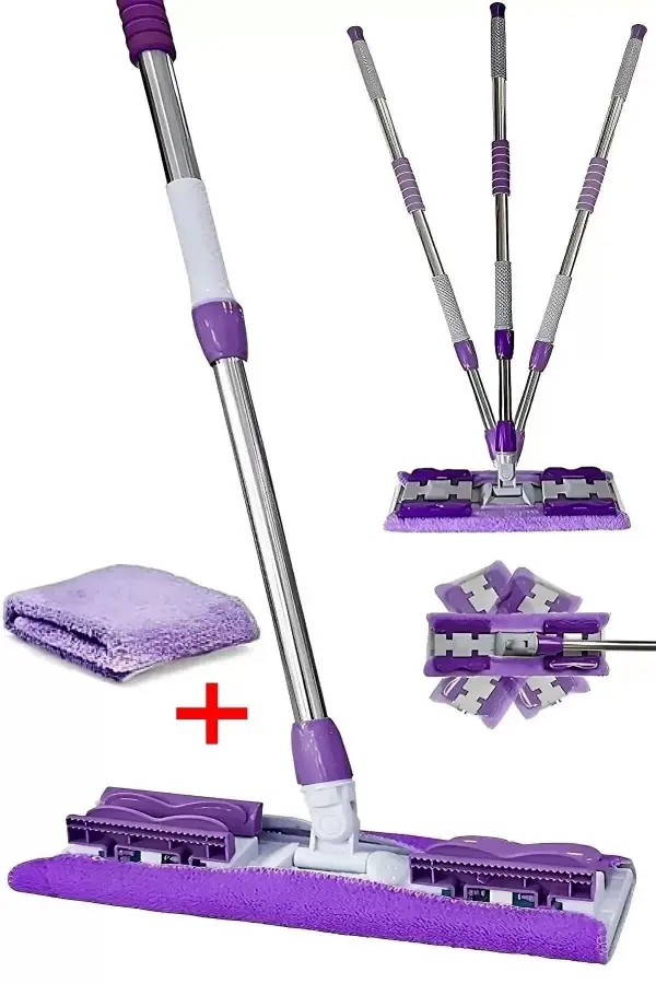 Teleskopik Mikrofiber Mop Paspas Yedek Bezli Fayans Parke Temizleyici Mop Paspas Kıskaçlı Cam Silme