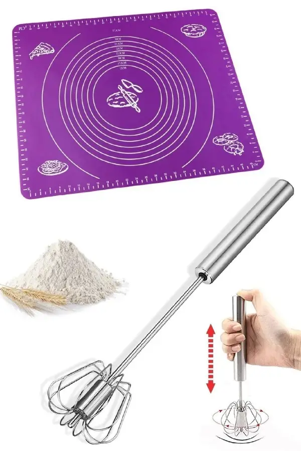 Basmalı Çelik Çırpıcı Tel Karıştırıcı Mikser Kek Hamur Açma Yoğurma Silikon Matı Ölçekli