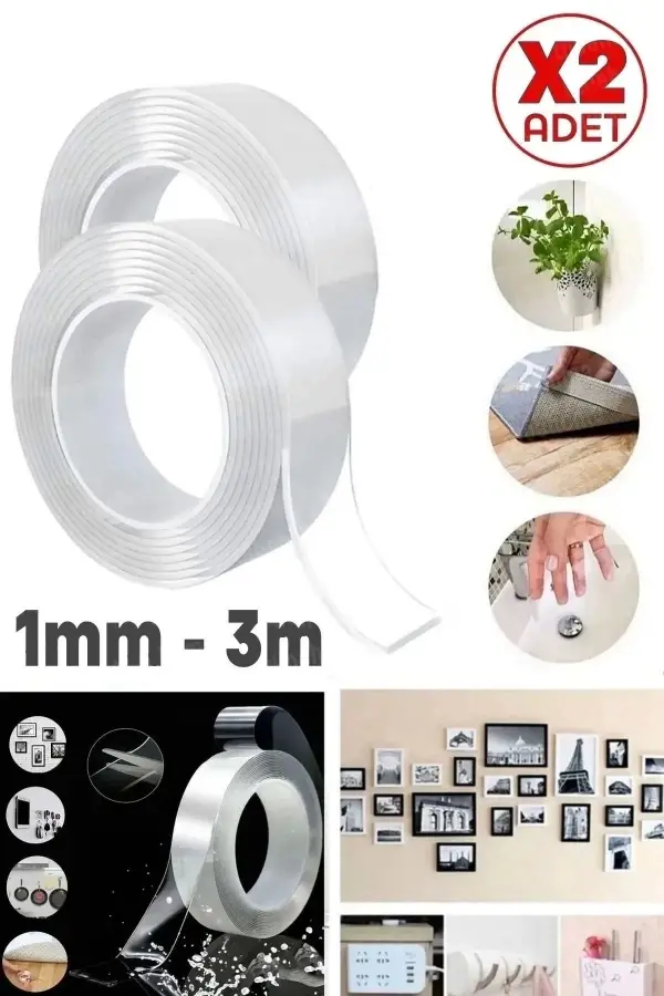 2li Çift Taraflı Nano Bant Süper Güçlü Şeffaf Yapışkanlı Tekrar Kullan Duvar Çerçeve Bandı 1mm-3m Yü