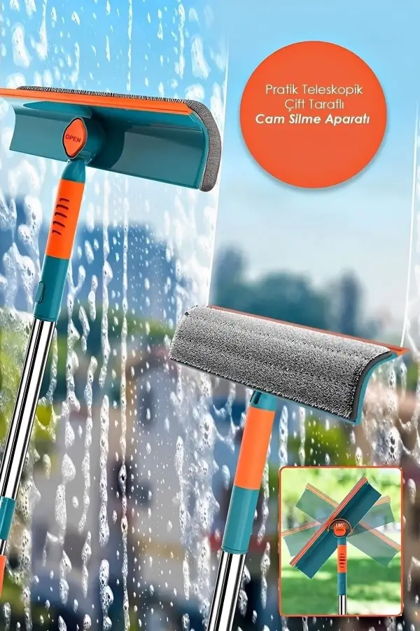 Cam Silme Aparatı Teleskopik Çift Yönlü Pratik 180 Derece Döner Pencere Cam Temizleyici Çekpas
