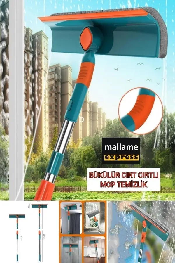 Cam Silme Aparatı Teleskopik Çift Yönlü Pratik 180 Derece Döner Pencere Cam Temizleyici Çekpas