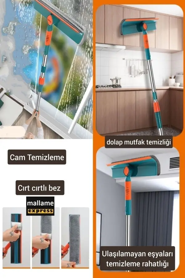 Cam Silme Aparatı Teleskopik Çift Yönlü Pratik 180 Derece Döner Pencere Cam Temizleyici Çekpas