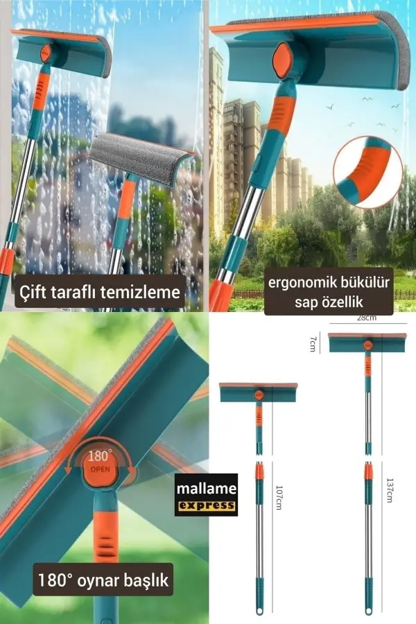 Cam Silme Aparatı Teleskopik Çift Yönlü Pratik 180 Derece Döner Pencere Cam Temizleyici Çekpas