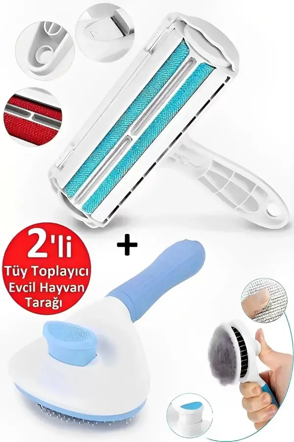 Basmalı Tuşlu Evcil Hayvan Fırçası Hazneli Tüy Temizleyici Elbise Halı Yatak Temizleme 2li Tüy Topla
