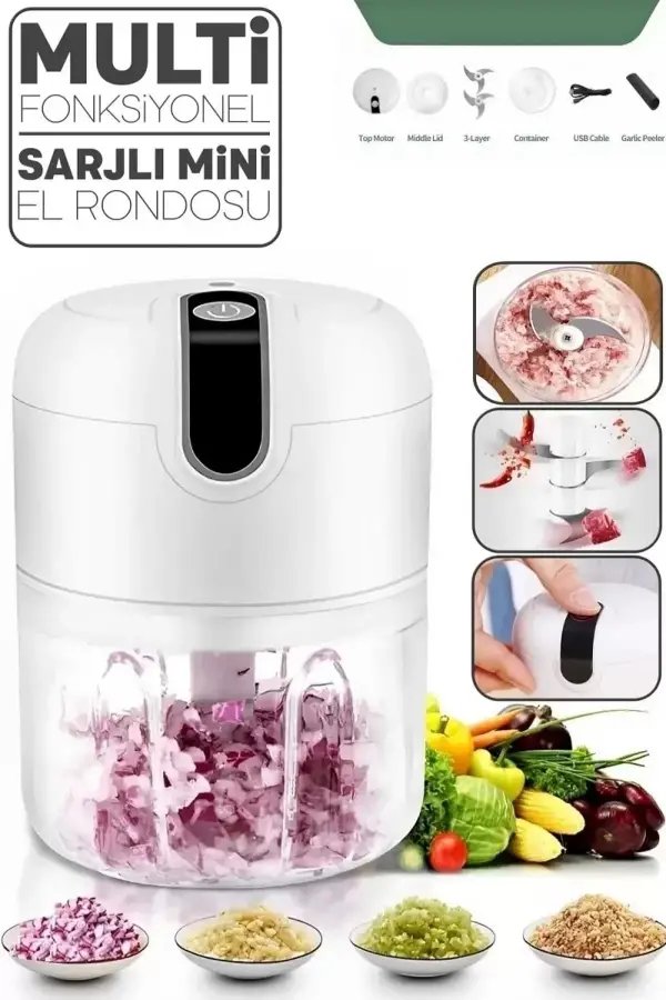 Çelik 3 Bıçaklı Şarjlı Mini El Rondosu 250 Ml Mutfak Robotu Hazneli Rondo Sebze Et Doğrayıcı Rende