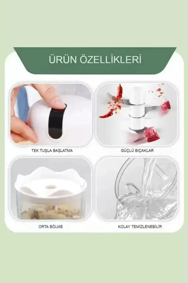 Çelik 3 Bıçaklı Şarjlı Mini El Rondosu 250 Ml Mutfak Robotu Hazneli Rondo Sebze Et Doğrayıcı Rende