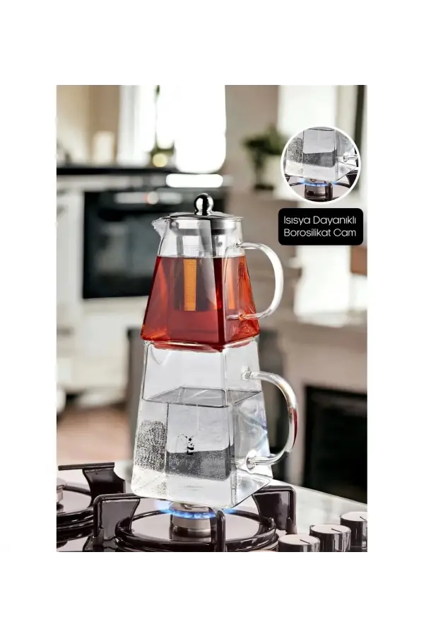 Borasilikat Cam Çaydanlık Takımı Kare Tasarım Çelik Filtre Isıya Dayanıklı Demlik 1450ml