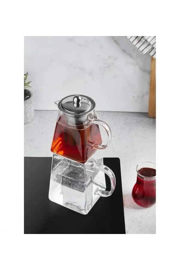 Borasilikat Cam Çaydanlık Takımı Kare Tasarım Çelik Filtre Isıya Dayanıklı Demlik 1450ml