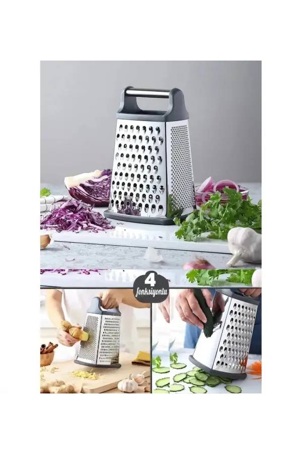 Büyük Boy Çelik Rende Silikon Tabanlı 4 Fonksiyonlu Sarımsak Kereviz Peynir Sebze Doğrayıcı Rende